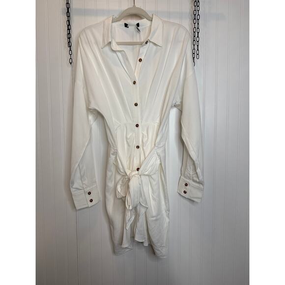NWOT Lulus Charming Confidence White Collared Button-Up Mini Dress Tie Waist L - Picture 5 of 9